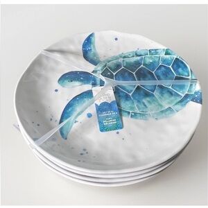 Sigrid  Olsen Sea Turtle Melamine Dinner Plates Set 4 Blue Coastal Beach 10.5”